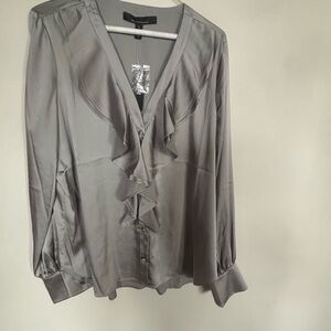White House Black Market Gray Ruffled Long Sleeve Blouse